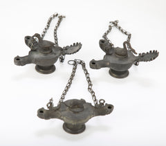 Pair of Italian Grand Tour Bronze Oil Lamps on Marble Bases