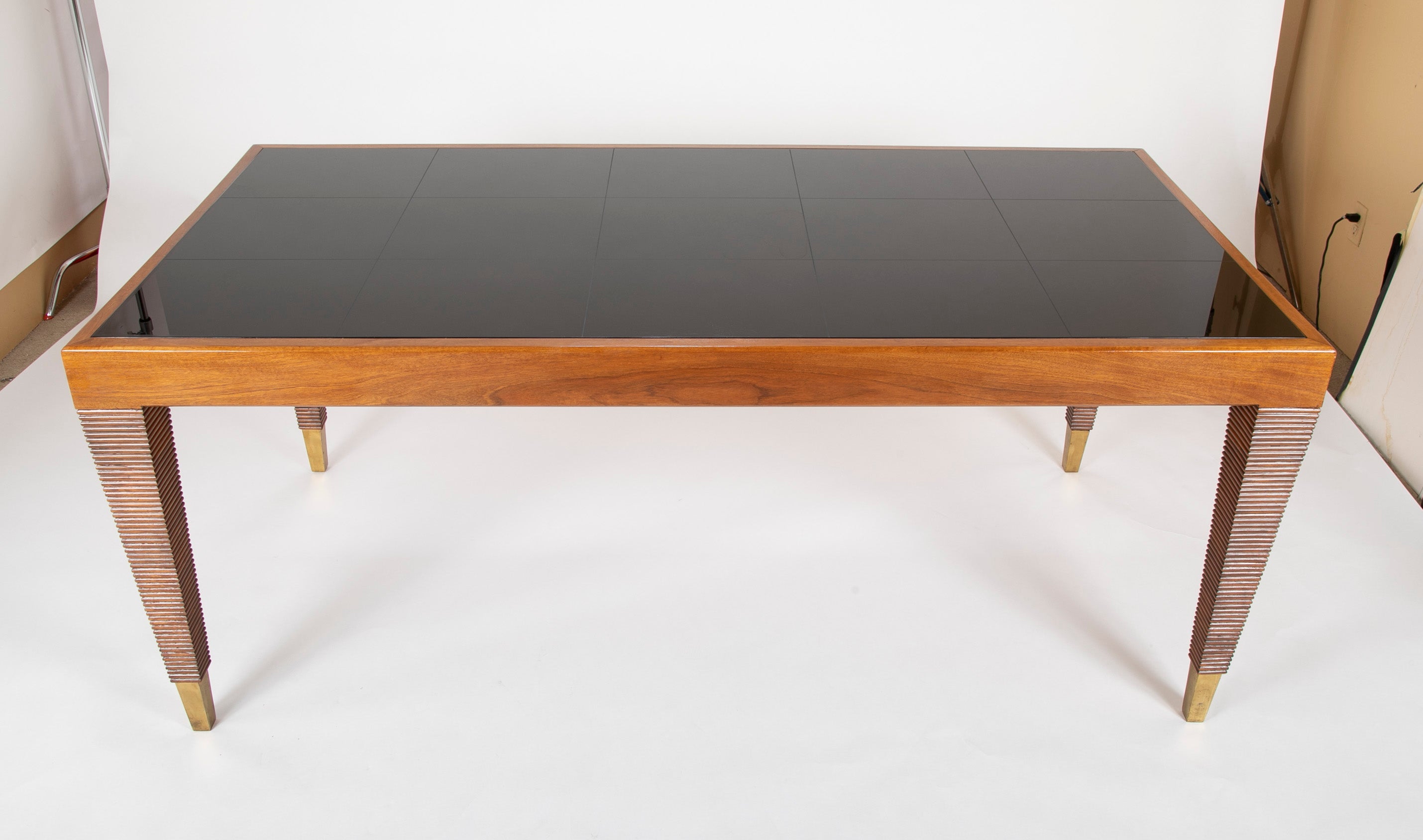 Walnut, Glass, and Brass Console Table Designed by Gio Ponti
