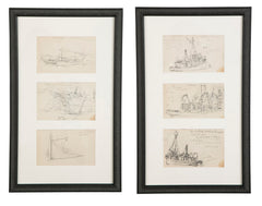 Two Groups of Reynolds Beal Pencil Sketches of Sail Boats and Fishing Boats