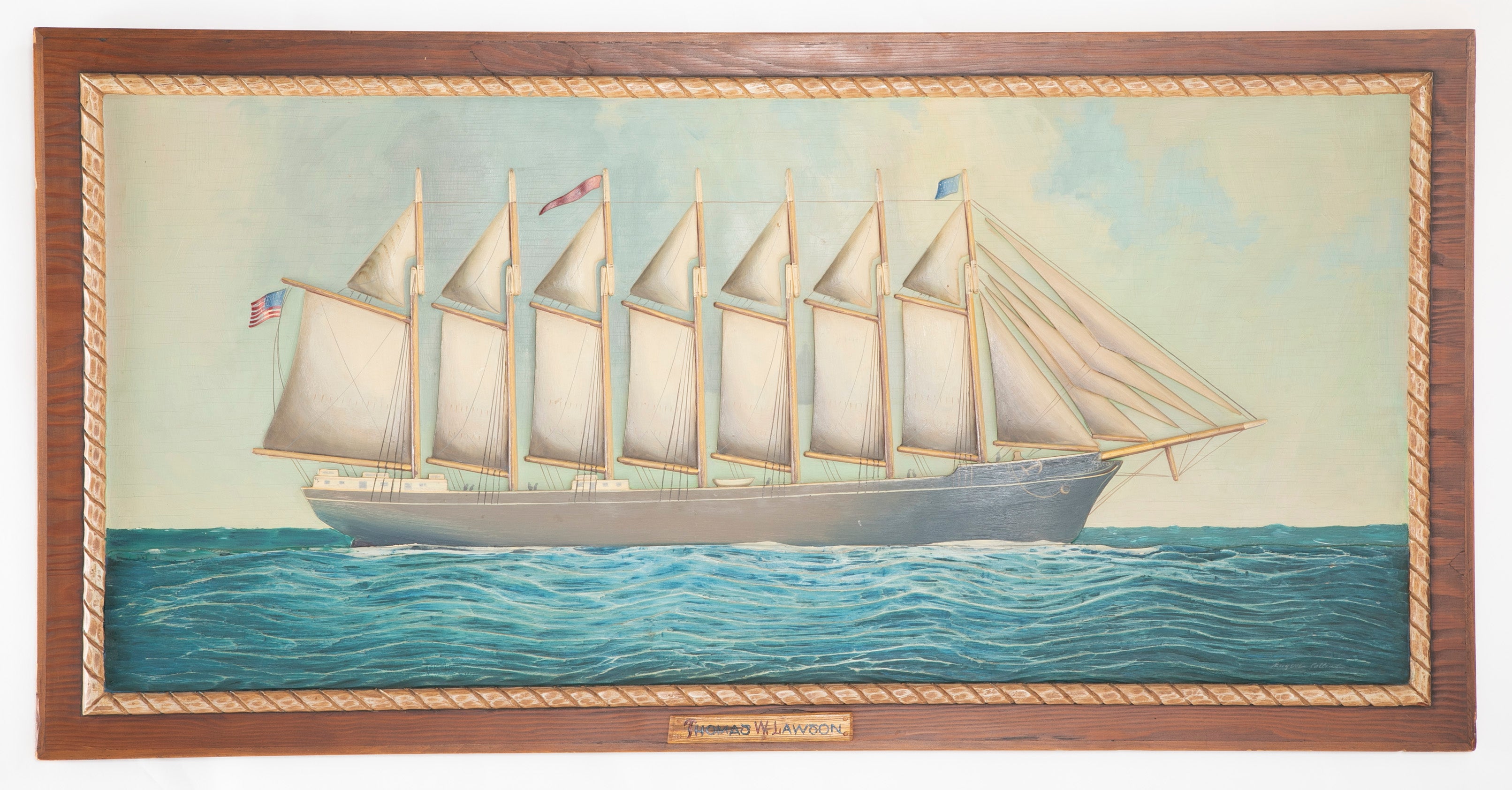 Painted Carved Bas Relief Panel of The "Thomas W. Lawson" the Only 7 Masted Ship Ever Built