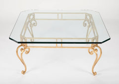 Hollywood Regency Mid Century Modern Gilt Iron Glass Top Coffee Table