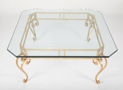 Hollywood Regency Mid Century Modern Gilt Iron Glass Top Coffee Table