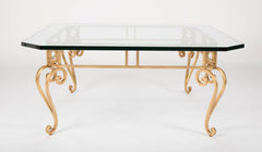 Hollywood Regency Mid Century Modern Gilt Iron Glass Top Coffee Table