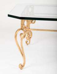Hollywood Regency Mid Century Modern Gilt Iron Glass Top Coffee Table