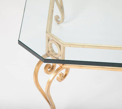 Hollywood Regency Mid Century Modern Gilt Iron Glass Top Coffee Table