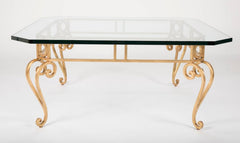 Hollywood Regency Mid Century Modern Gilt Iron Glass Top Coffee Table