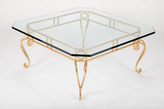 Hollywood Regency Mid Century Modern Gilt Iron Glass Top Coffee Table