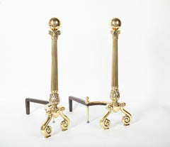 Pair of Corinthian Column & Ball Form Heavy Brass Andirons