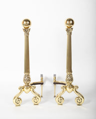 Pair of Corinthian Column & Ball Form Heavy Brass Andirons
