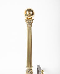 Pair of Corinthian Column & Ball Form Heavy Brass Andirons