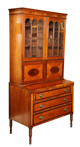 Early 19th Century American Sheraton Two Part Secretary of Mahogany and Tiger Maple