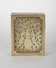 Chinese Incised Brass Box with Carved Jade Inset