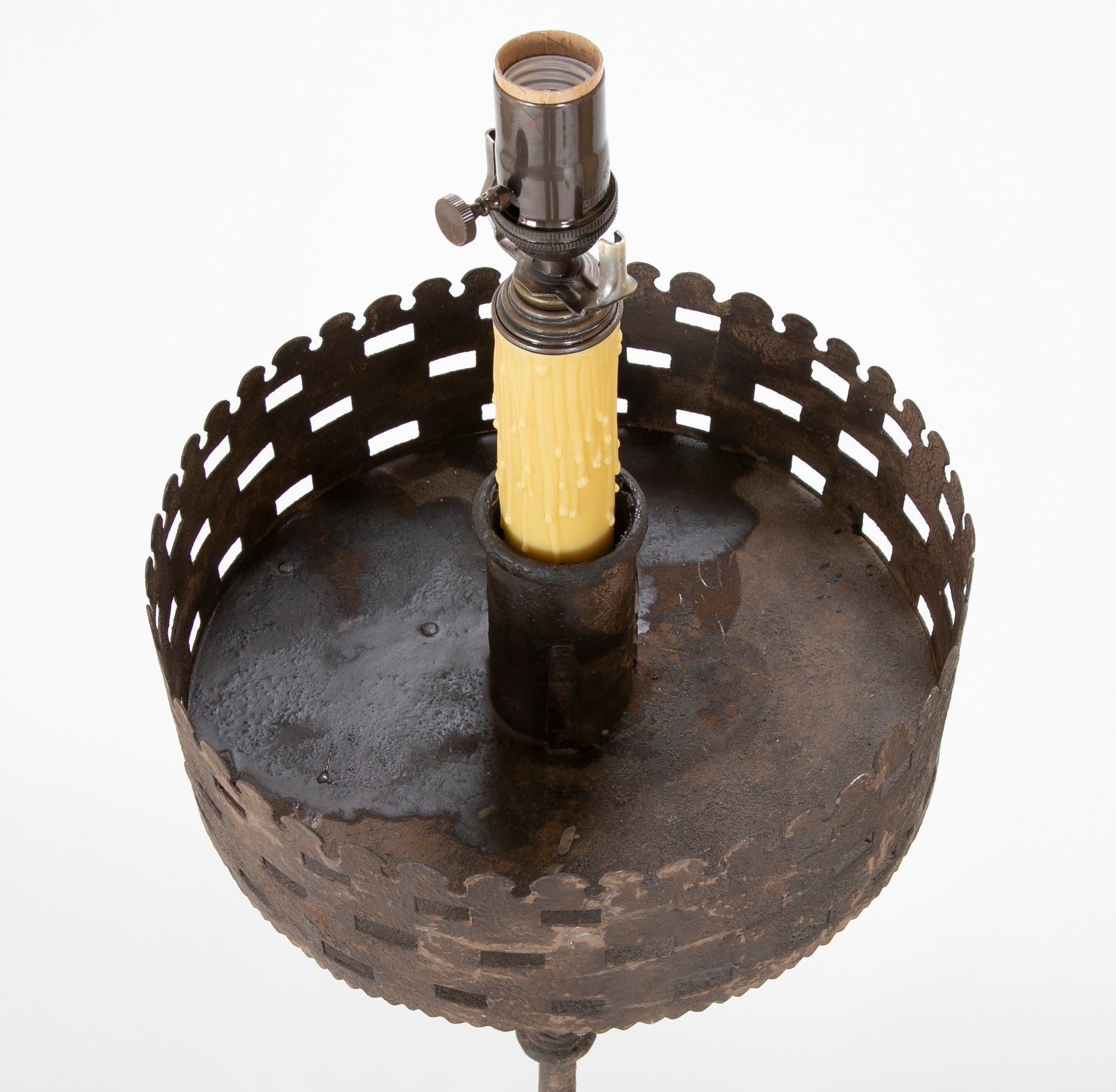 Handwrought Iron Pricket Stick now a Lamp with Crenulated Bobeche Handwrought Iron Pricket Stick now a Lamp with Crenulated Bobeche