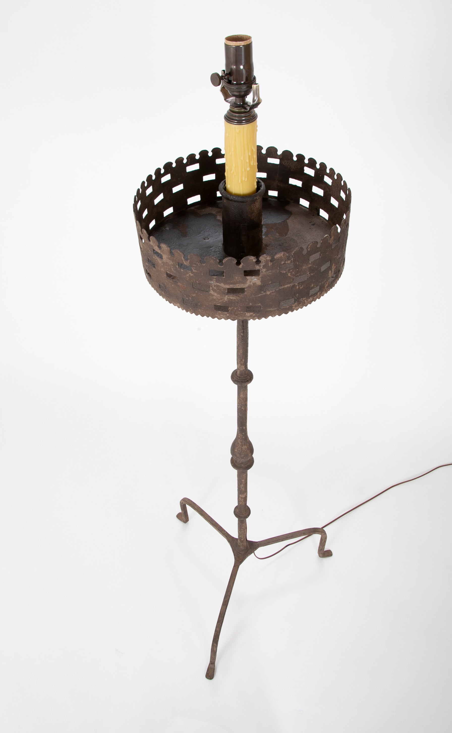 Handwrought Iron Pricket Stick now a Lamp with Crenulated Bobeche Handwrought Iron Pricket Stick now a Lamp with Crenulated Bobeche