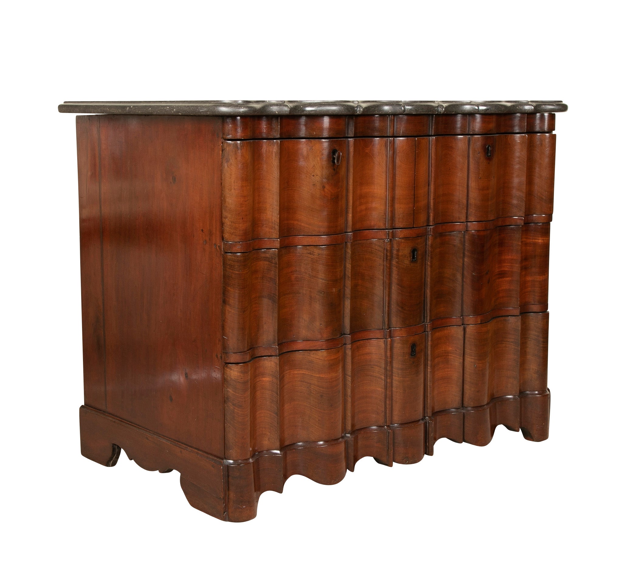 A Handsome Baroque Four Drawer Walnut Chest with Original Shaped Marble Top