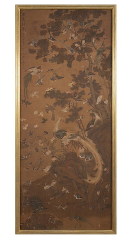 A 19th Century Framed Chinese Scroll Depicting the Scene of a Hundred Birds