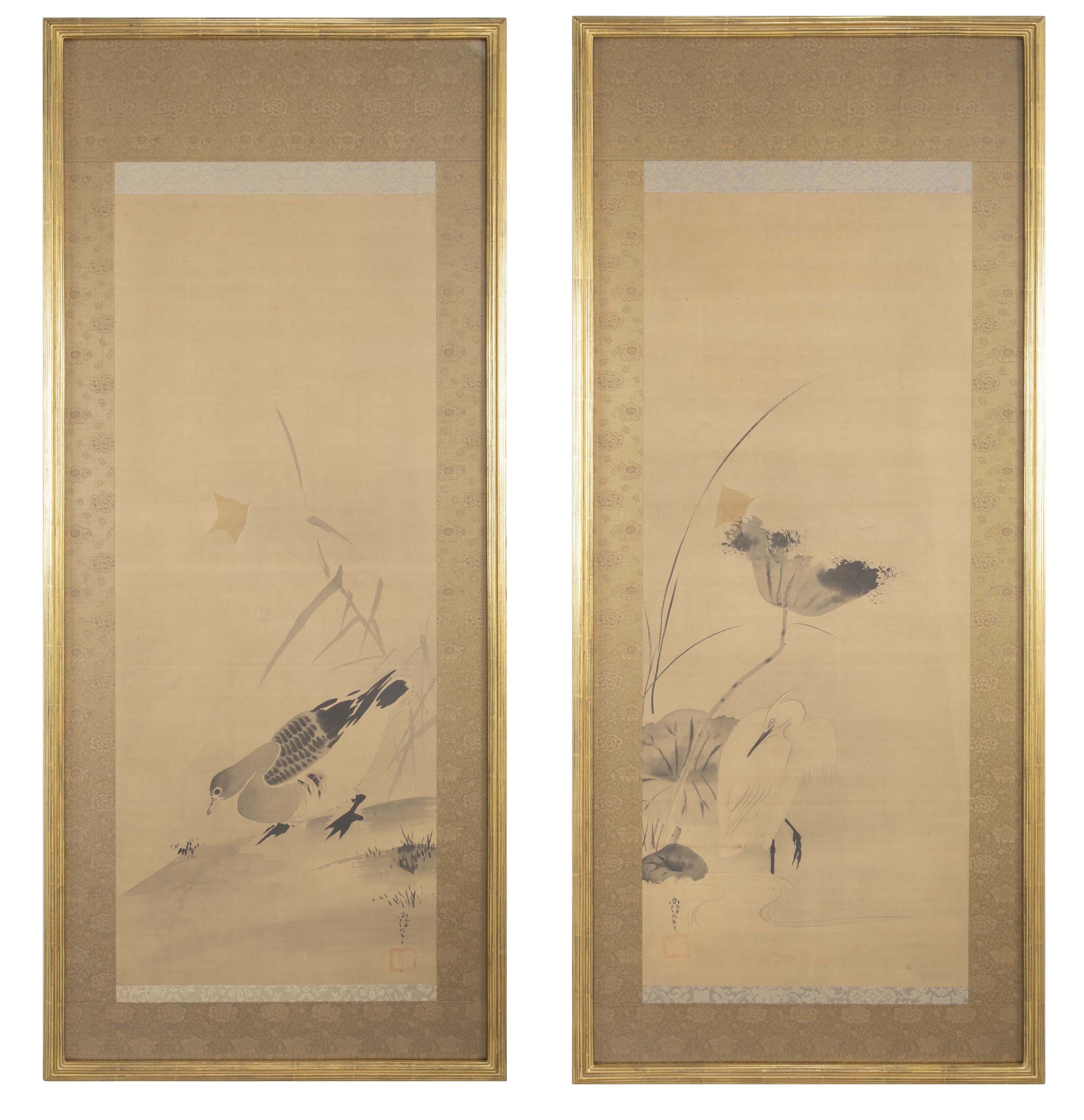 Pair of Japanese Framed Scrolls with Lotus, White Heron & Duck Decoration