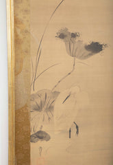 Pair of Japanese Framed Scrolls with Lotus, White Heron & Duck Decoration