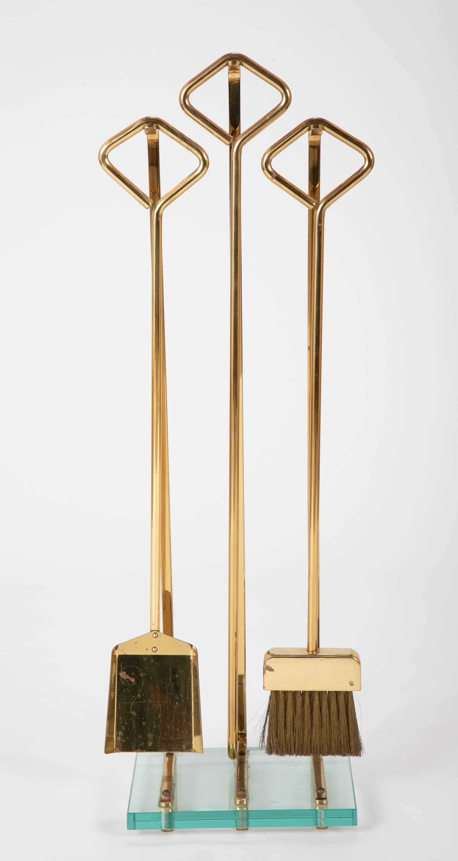 A Set of Fontana Arte Brass & Glass Fire Tools on Stand