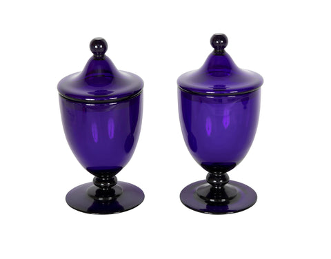 Pair of English Regency Cobalt Blue Blown Glass Covered Urns