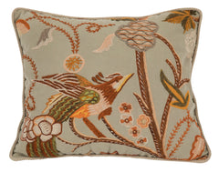 A  Pillow of Crewel Work on Linen with Velvet Backing