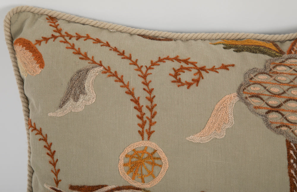 A  Pillow of Crewel Work on Linen with Velvet Backing
