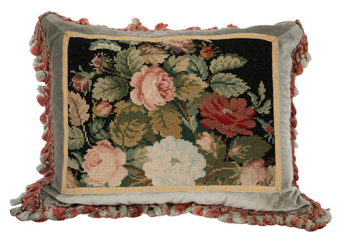 Victorian Needlework Pillow with Silk Backing