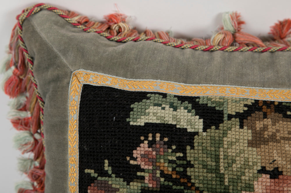 Victorian Needlework Pillow with Silk Backing