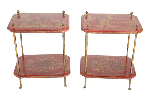 A Pair of French Ormolu Mounted Red & Gilt Japanned Side Tables