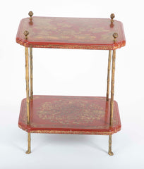 A Pair of French Ormolu Mounted Red & Gilt Japanned Side Tables