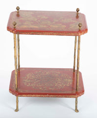 A Pair of French Ormolu Mounted Red & Gilt Japanned Side Tables