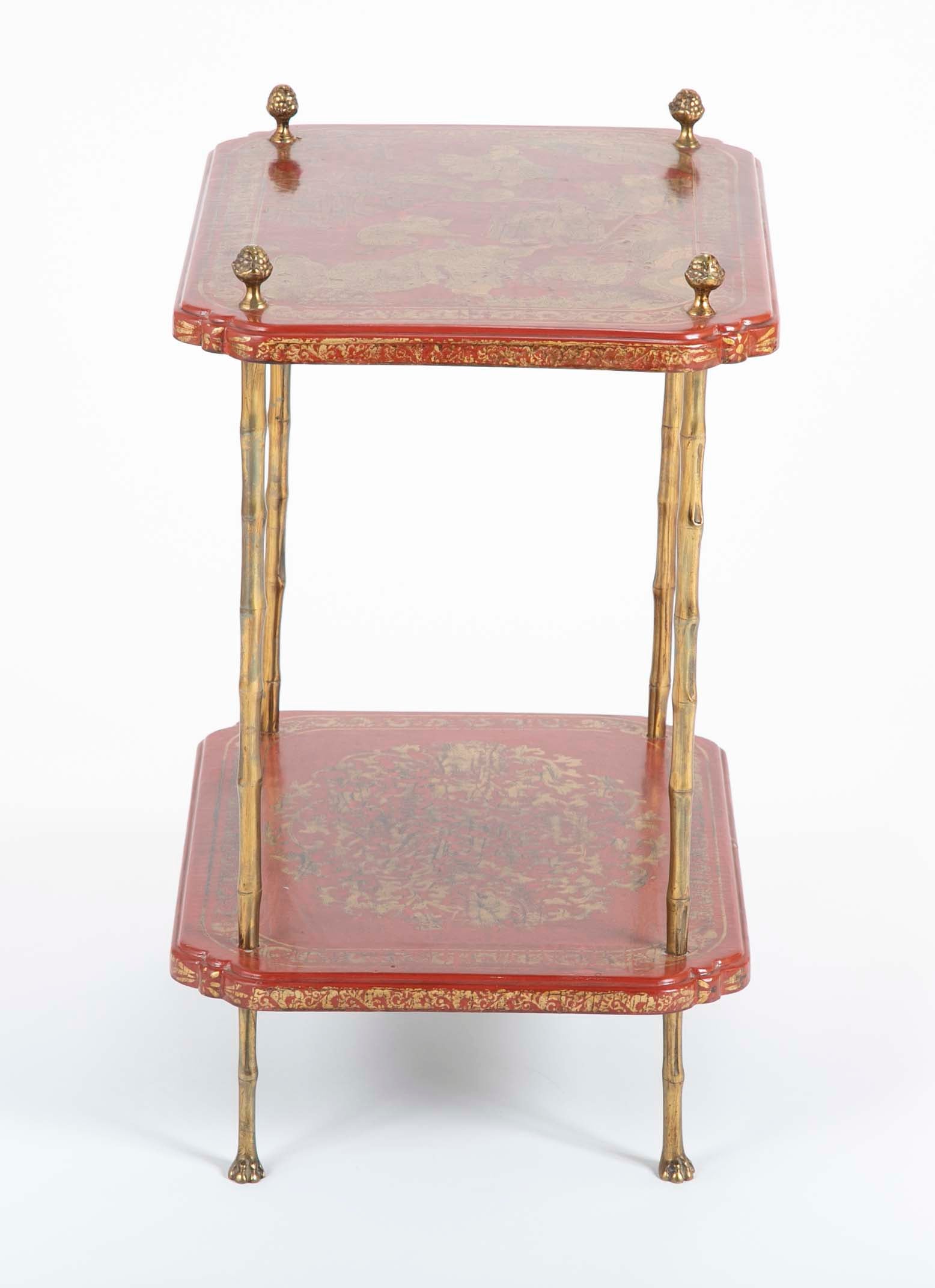 A Pair of French Ormolu Mounted Red & Gilt Japanned Side Tables
