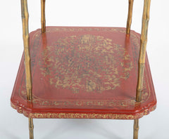 A Pair of French Ormolu Mounted Red & Gilt Japanned Side Tables