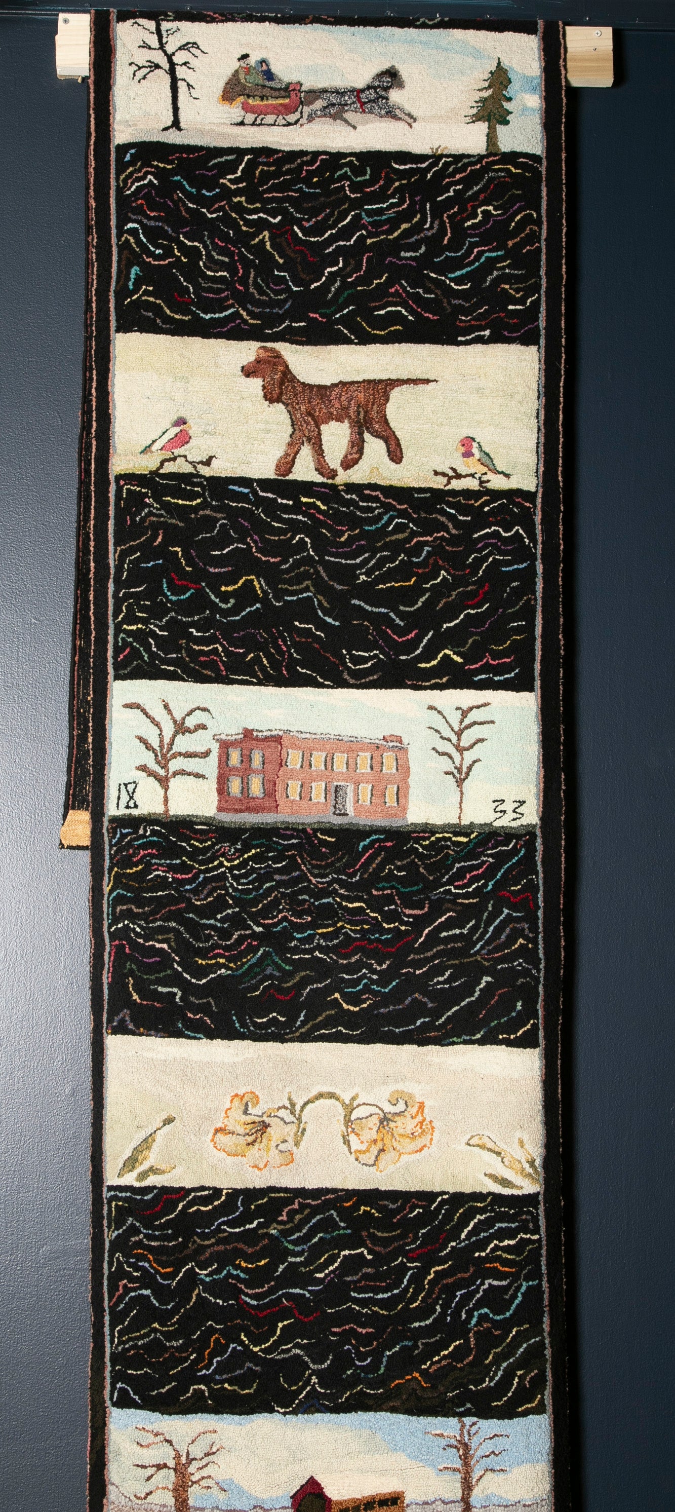Folk Art Hooked Rug Staircase Runner with Various Scenes from Upstate New York