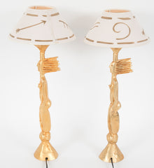 A Pair of Gold Plated Bronze Table Lamps by Pierre Casenove with Original Shade