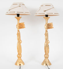 A Pair of Gold Plated Bronze Table Lamps by Pierre Casenove with Original Shade