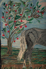 An Exceptional American Hooked Rug Depicting a Boy Feeding an Apple to a Horse