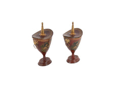 A Pair of Tole Peinte Lidded Chestnut Urns with Floral Stenciled Motifs