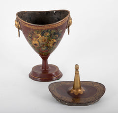 A Pair of Tole Peinte Lidded Chestnut Urns with Floral Stenciled Motifs