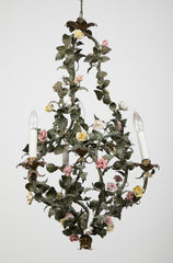 Italian Tole Leaf 4 Light Chandelier Adorned with Porcelain Flowers