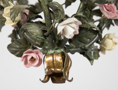 Italian Tole Leaf 4 Light Chandelier Adorned with Porcelain Flowers