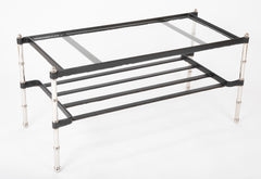 A Black Leather Wrapped and Chrome Jacques Adnet Glass Top Coffee Table