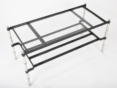 A Black Leather Wrapped and Chrome Jacques Adnet Glass Top Coffee Table