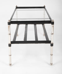 A Black Leather Wrapped and Chrome Jacques Adnet Glass Top Coffee Table