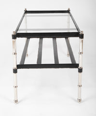 A Black Leather Wrapped and Chrome Jacques Adnet Glass Top Coffee Table