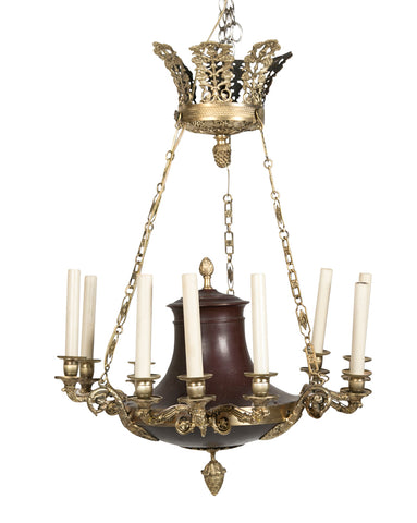 Empire Style Bronze and Patinated 3 Arm Chandelier