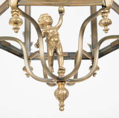 Brass Hexagonal Three Light Lantern with Putti