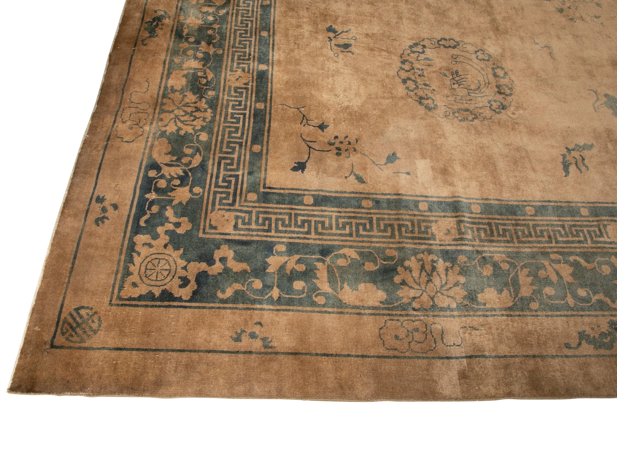 Chinese Carpet with Floral and Eyed Border Around Field of 5 Medallions