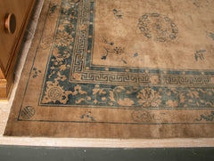 Chinese Carpet with Floral and Eyed Border Around Field of 5 Medallions