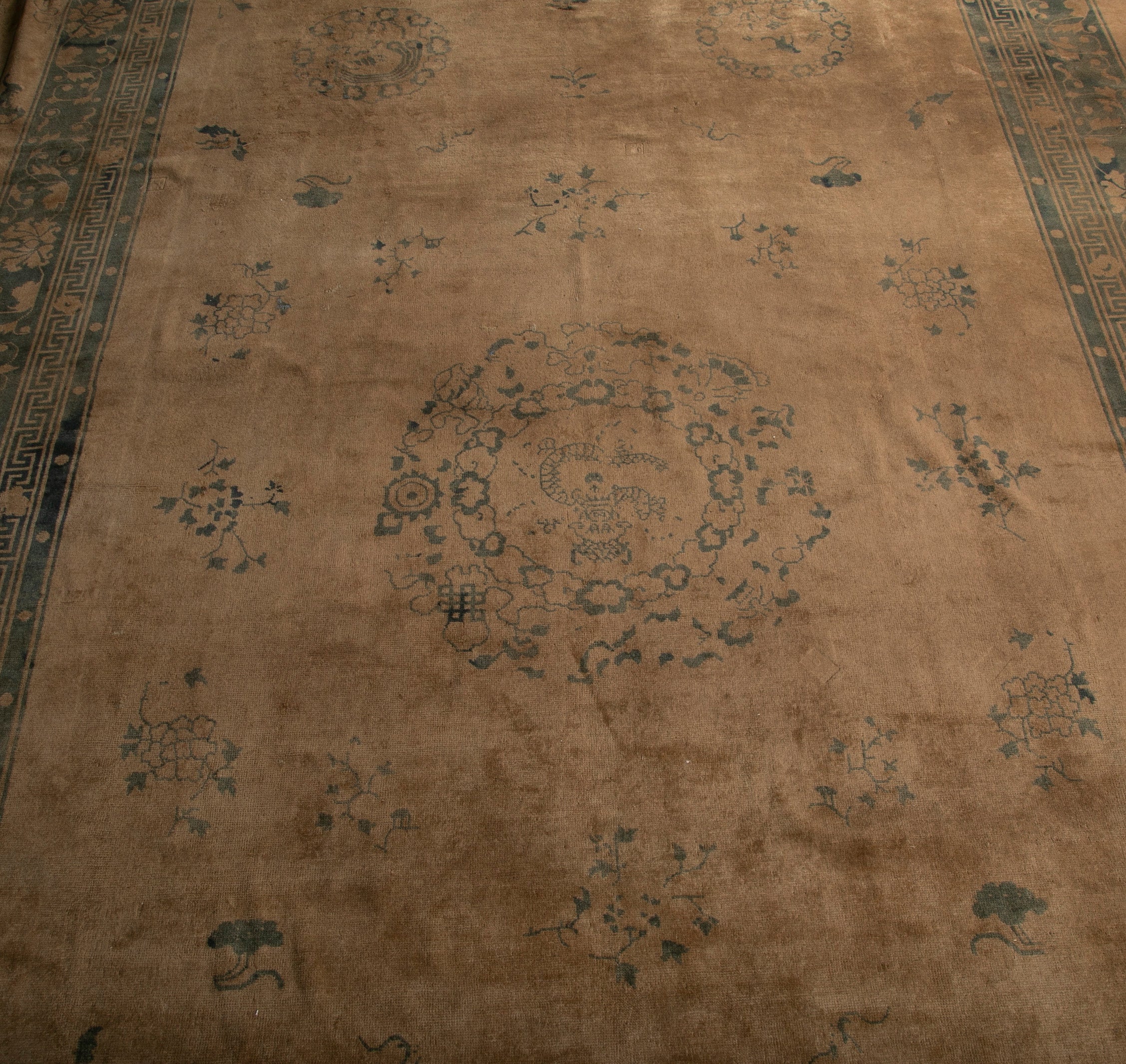 Chinese Carpet with Floral and Eyed Border Around Field of 5 Medallions